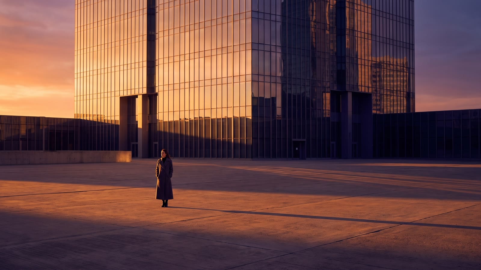 Une silhouette minuscule sur une esplanade au couchant