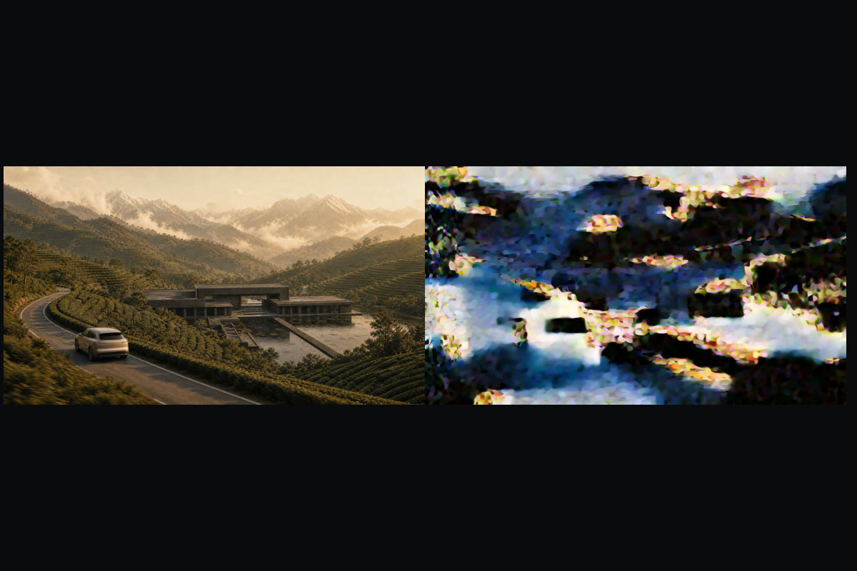 A gauche la premiere image, nette. A droite la meme scene apres 40 images, devenue une puree de pixels
